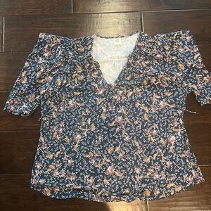 Navy Floral V-Neck Blouse